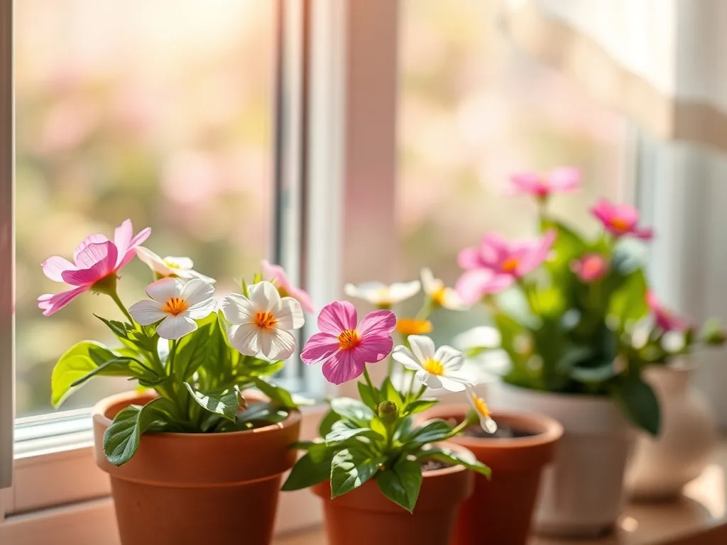 Kwitnące kwiaty na słonecznym parapecie