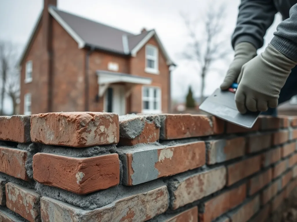 Wzmacnianie starego fundamentu domu świeżym betonem i prętami zbrojeniowymi, pracownik naprawia spękane cegły.