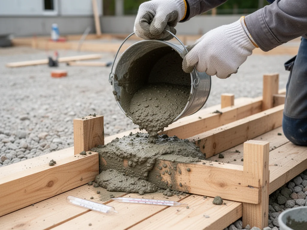 Pracownik w rękawicach wylewa beton do drewnianego szalunku, obok leży termometr do kontroli odpowiedniej temperatury