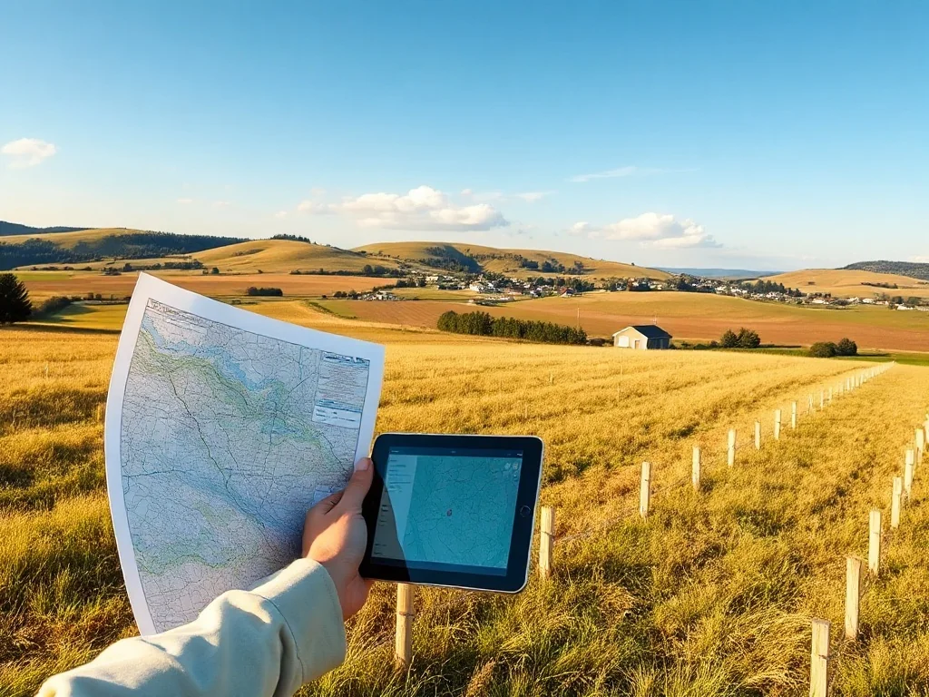 Osoba na granicy pola i wytyczonej działki porównuje mapę papierową z mapą w tablecie w słonecznym, wiejskim krajobrazie.