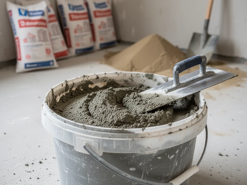 Świeżo wymieszany beton w plastikowym wiadrze z kielnią na brzegu, na tle worków cementu i piasku na budowie.