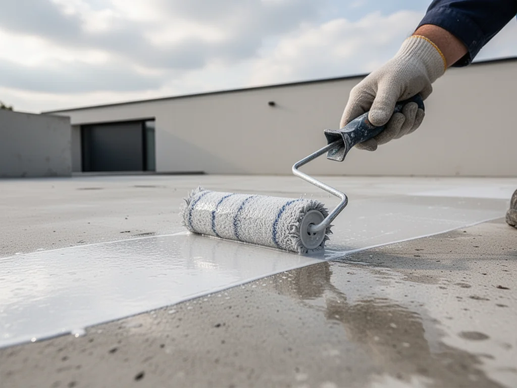 Nakładanie przez pracownika bezbarwnego impregnatu wałkiem na beton, ukazujące ochronę powierzchni przed wodą