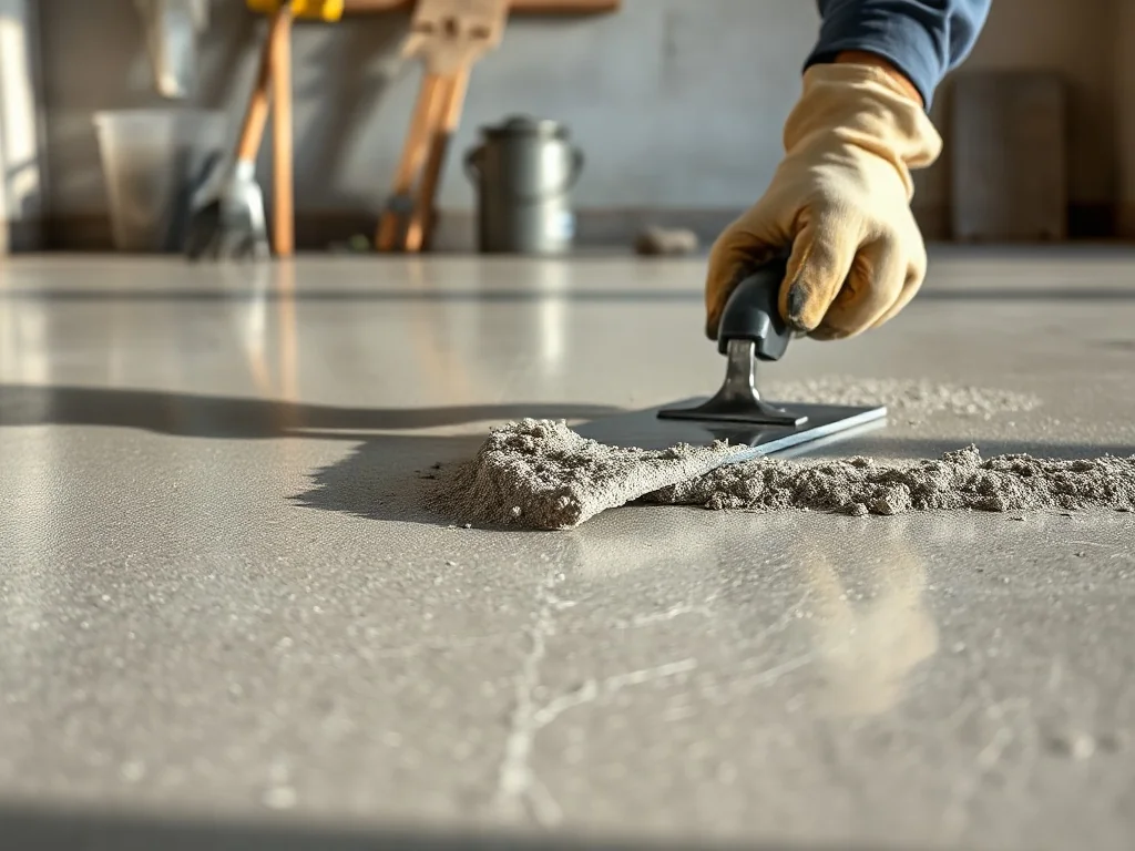 Ręka w rękawicy wygładza kielnią świeżo wylany beton architektoniczny na tle narzędzi i niedokończonej ściany.