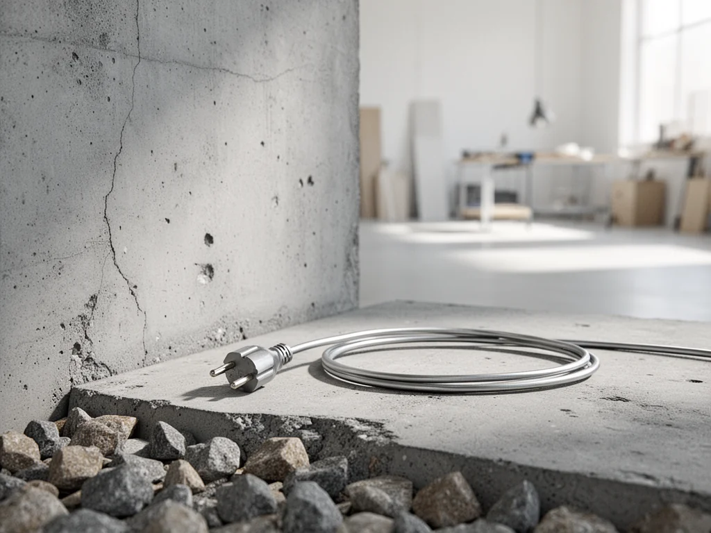 Przewód elektryczny z wtyczką leżący na chropowatej powierzchni betonu, ilustrujący temat przewodzenia prądu przez beton.