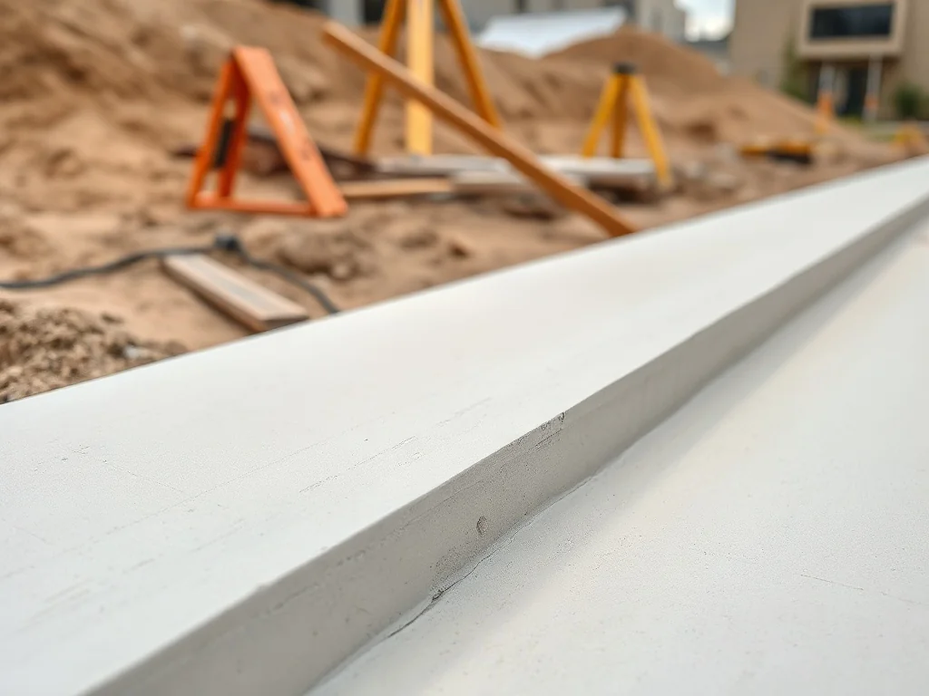 Zbliżenie świeżo wylanej ławy fundamentowej na budowie, gładki beton i szalunek, w tle piasek i wykop.