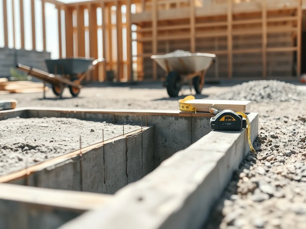 Zbliżenie na zbrojenie i wylany betonowy fundament domu, narzędzia budowlane wskazują etap kosztownej budowy.
