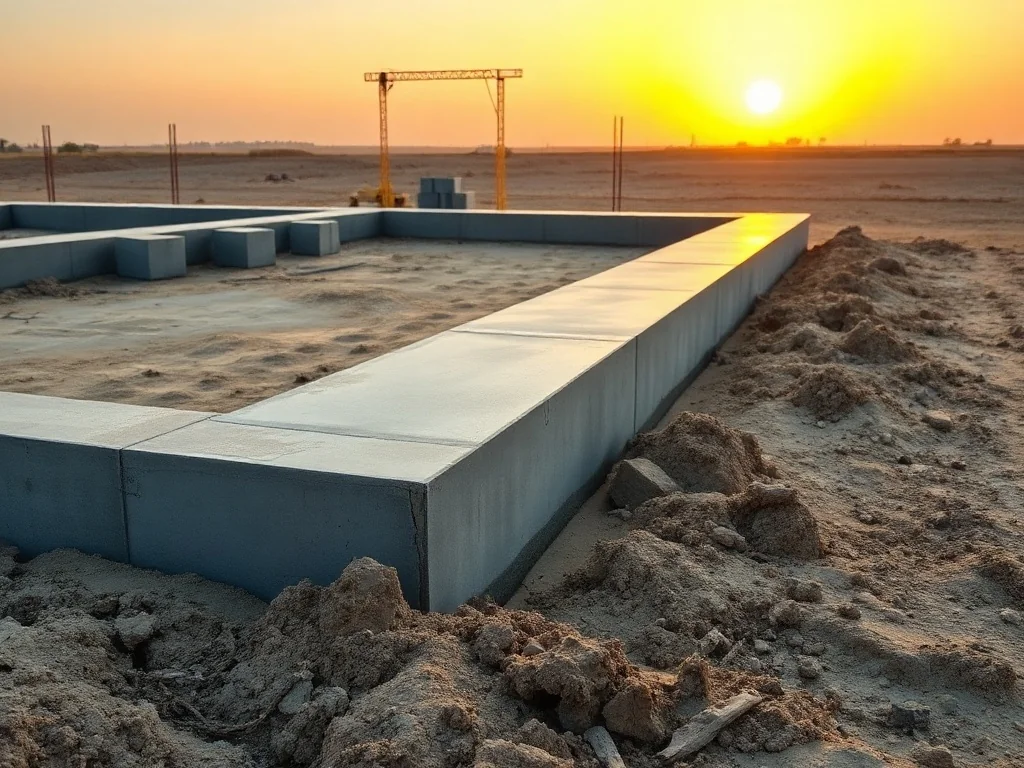 Świeżo wylany betonowy fundament ławowy na działce pod parterowy dom, w porannym świetle na tle przygotowanego wykopu.