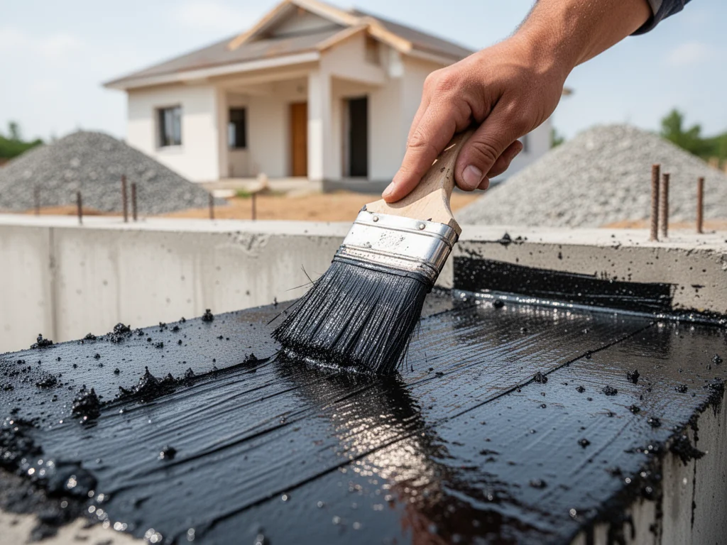 Ręka pracownika nakłada grubą czarną masę bitumiczną na betonowy fundament domu w trakcie budowy