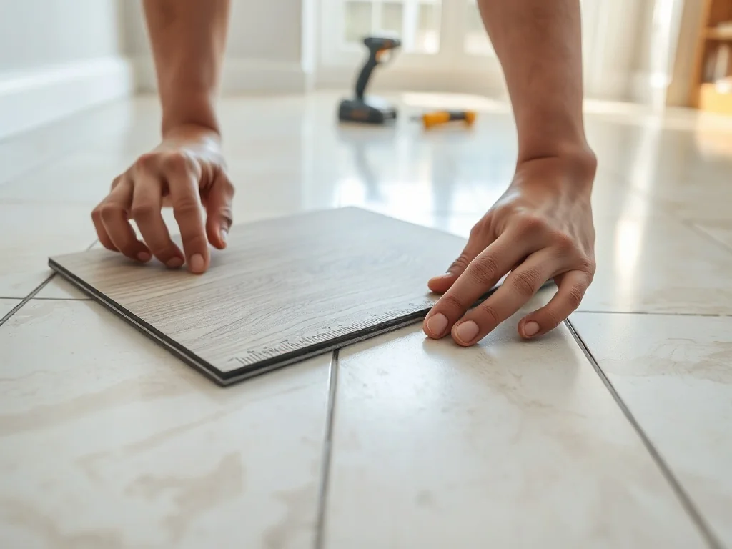 Ręce układają samoprzylepny panel winylowy na stare płytki, z widoczną folią i narzędziami do precyzyjnego montażu w tle.