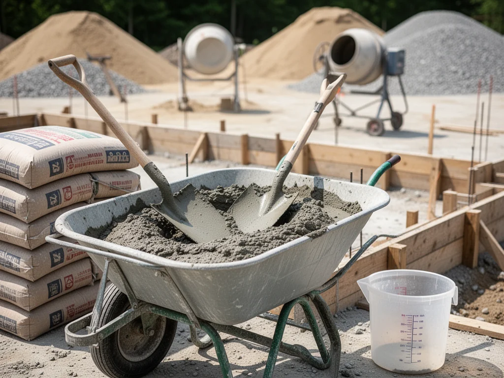 Taczka ze świeżym betonem B25, łopata i worki cementu na tle placu budowy, ilustrujące praktyczne dozowanie mieszanki.