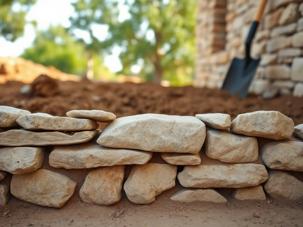 Detale kamiennego fundamentu domu na tle placu budowy, podkreślające tradycyjne wykonanie i naturalne materiały