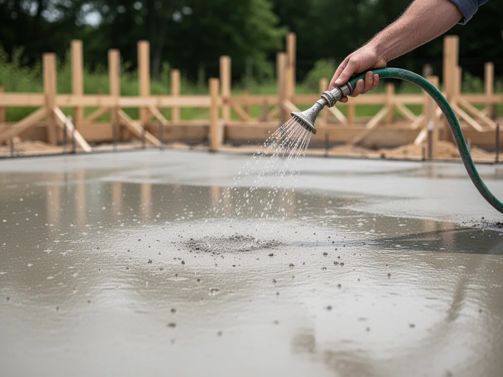 Ręka pracownika podlewa świeżo wylany beton wężem ogrodowym, krople wody na powierzchni płyty, w tle zarys budowy.