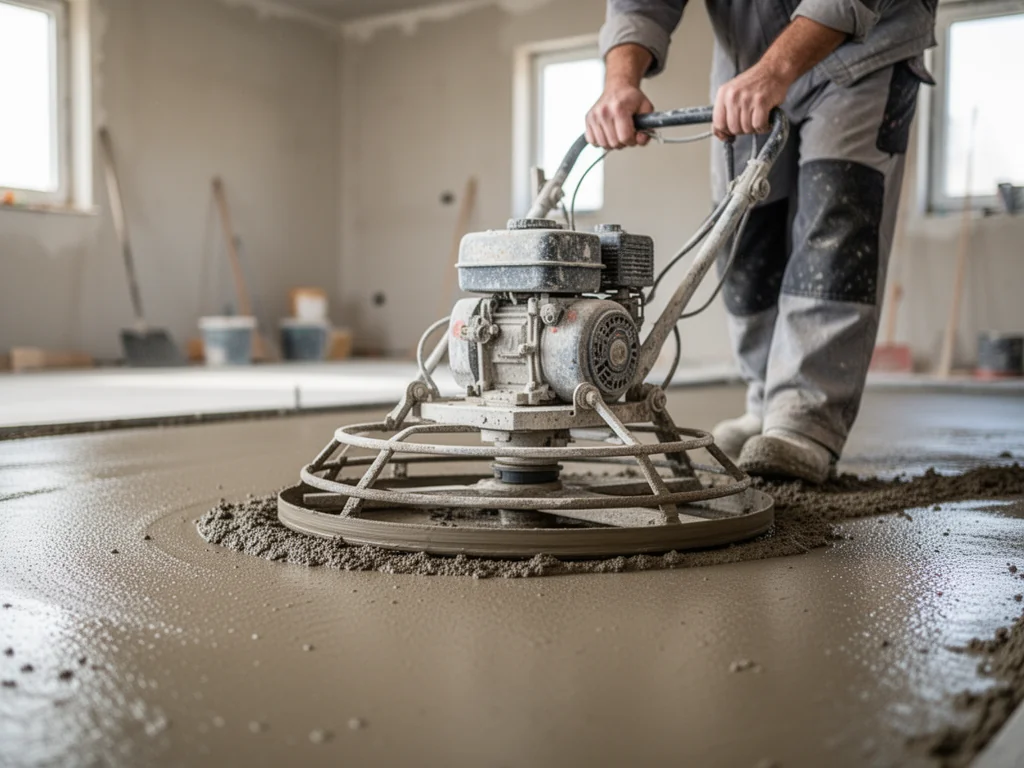 Pracownik zacierający świeży beton zacieraczką mechaniczną na posadzce w surowym wnętrzu budynku