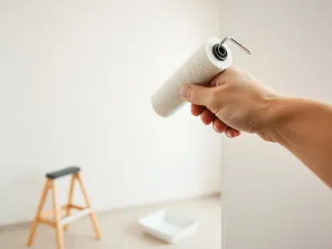Ręka szlifuje pacą tynk cementowo-wapienny, unoszący się pył; w tle narzędzia remontowe w jasnym, minimalistycznym wnętrzu.