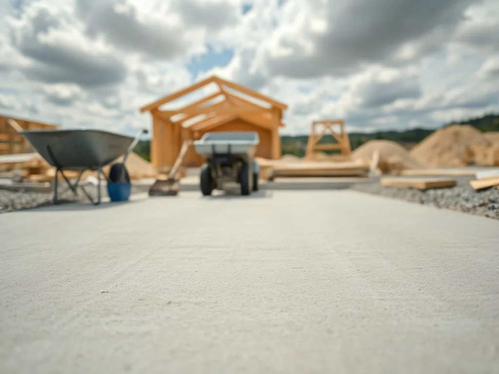 Świeżo wylana płyta fundamentowa z betonu na budowie domu, obok taczka i łopata, widoczne etapy prac ziemnych.