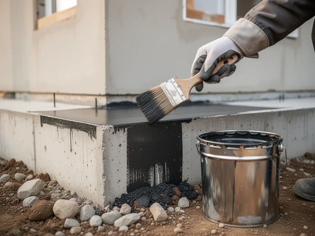 Ręka w rękawicy maluje betonowy fundament domu ciemną powłoką hydroizolacyjną szerokim pędzlem, obok metalowe wiadro z farbą.