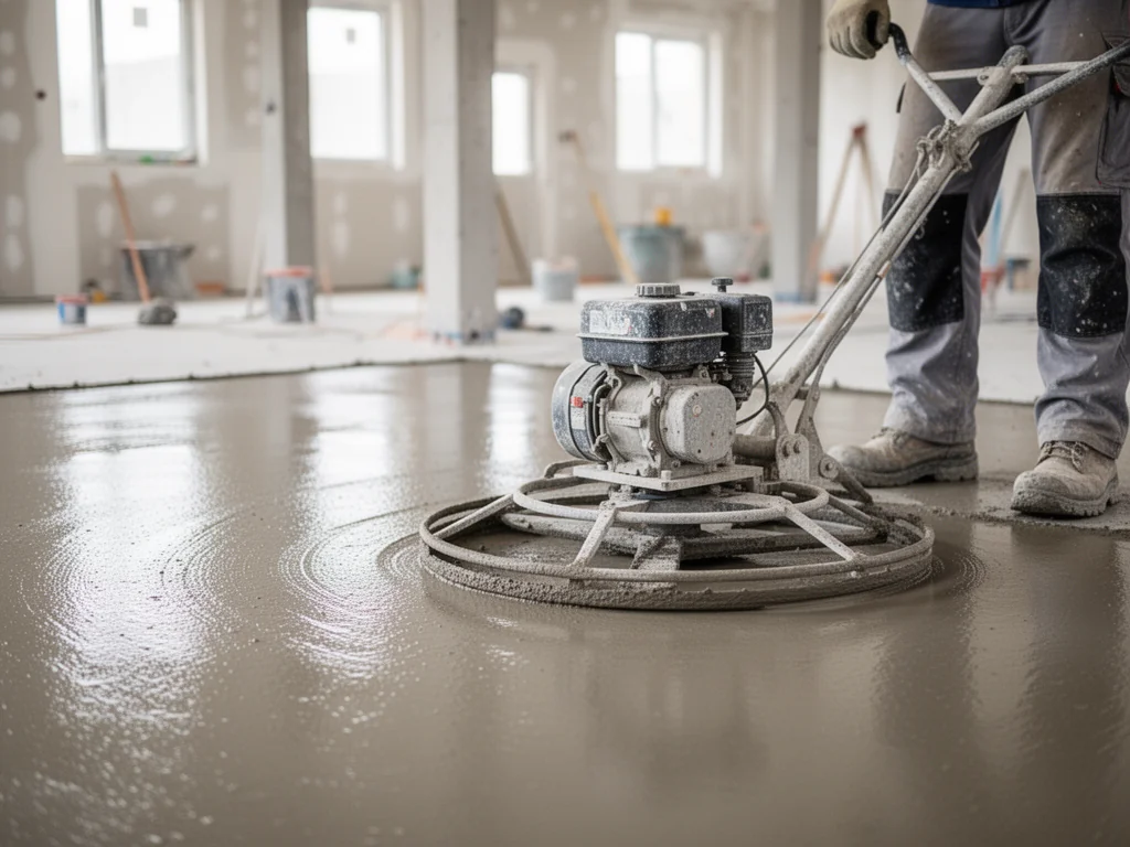 Zacieranie świeżo wylanego betonu zacieraczką mechaniczną na budowie, wygładzanie posadzki przed dalszymi pracami