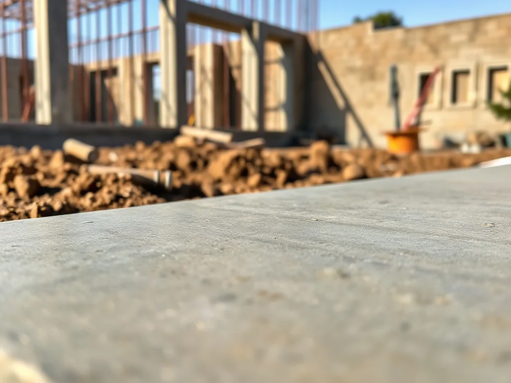 Świeżo wylana, gładka płyta chudziaka na budowie, z widoczną fakturą betonu i zarysami zbrojenia pod fundamenty.
