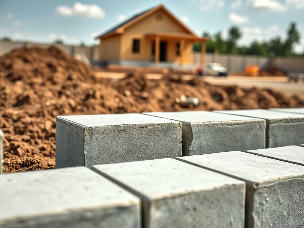 Prefabrykowane bloczki fundamentowe ułożone na budowie, pokazujące sposób wykonania nowoczesnych fundamentów domu.
