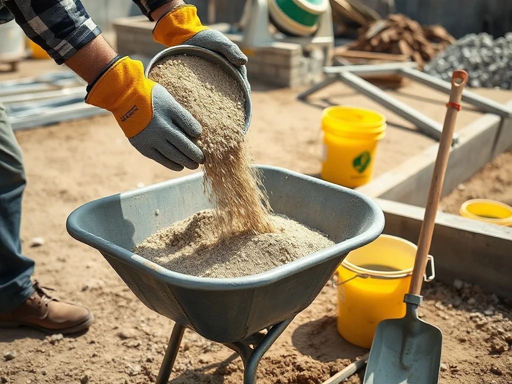 Pracownik budowlany wsypuje kruszywo do taczki, obok cement i betoniarka – przygotowanie chudego betonu na fundament.