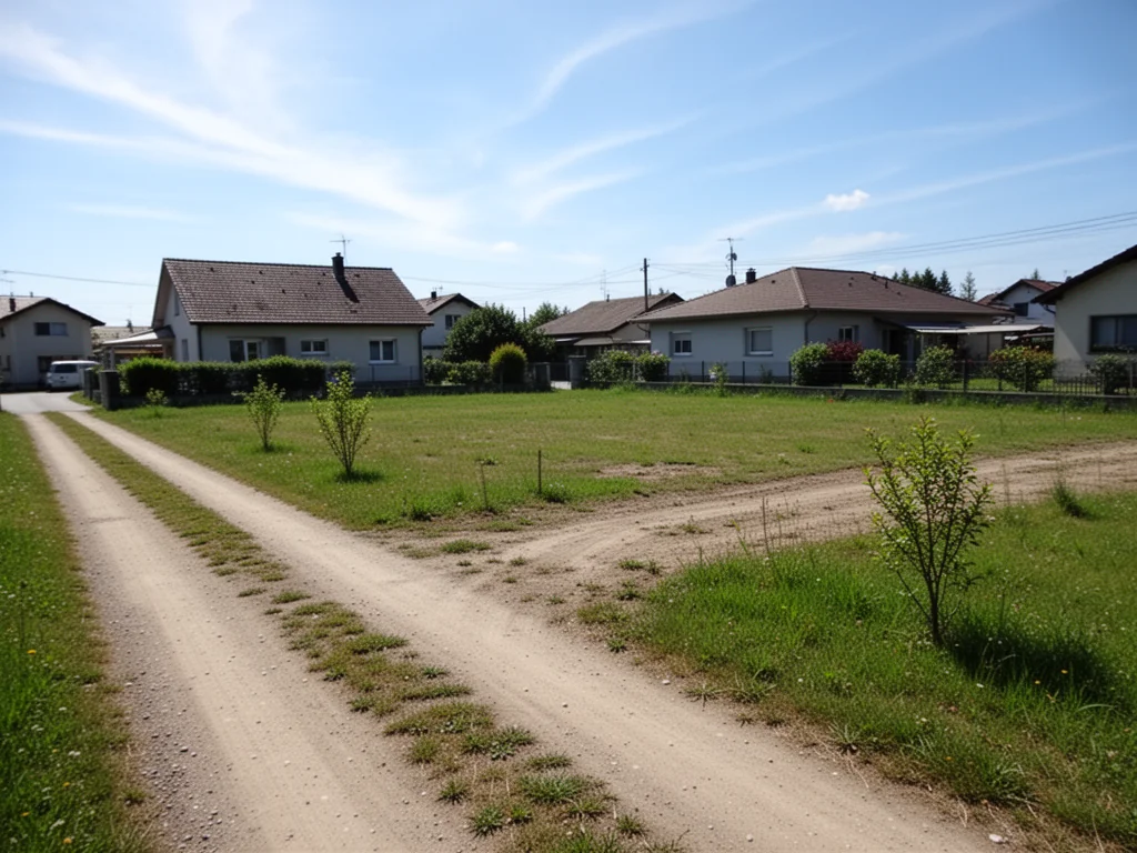 Nieutwardzona droga dojazdowa prowadząca do pustej działki budowlanej na obrzeżach małego miasteczka, w tle domy jednorodzinne.