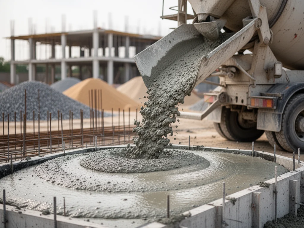 Betoniarka wylewa świeży beton do szalunku na budowie, ilustrując praktyczny aspekt kosztu kubika betonu.
