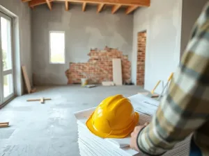 Osoba analizuje wydrukowane mapy działki i dokumenty na tle pustej, zielonej parceli przeznaczonej pod zabudowę.