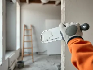 Ręka w rękawicy wygładza kielnią świeżo wylany beton architektoniczny na tle narzędzi i niedokończonej ściany.