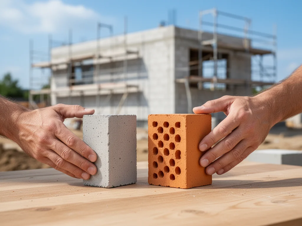 Dłonie porównujące pustak ceramiczny i bloczek z betonu komórkowego na tle budowy domu, wybór materiału ściennego.