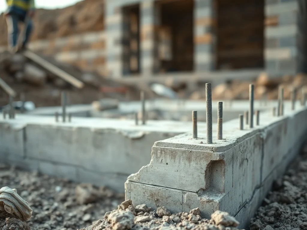 Zbliżenie na prostą ławę fundamentową z widocznym zbrojeniem stalowym na tle warstw gruntu i ściany fundamentowej.