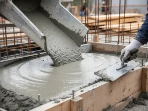 Worek suchego betonu na palecie w hurtowni budowlanej, w tle rzędy podobnych worków na metalowych regałach.