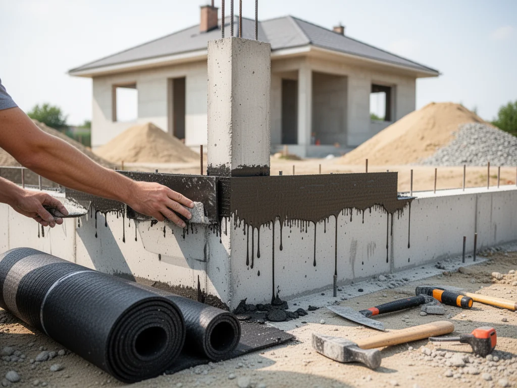 Nakładanie hydroizolacji na ścianę fundamentową domu w budowie, widoczne materiały i narzędzia do izolacji.
