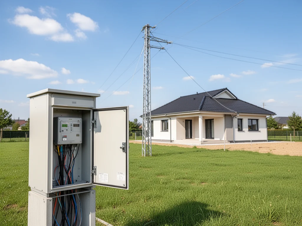 Nowoczesna skrzynka elektryczna i słup energetyczny przy nowym domu jednorodzinnym, symbol podłączenia działki do prądu