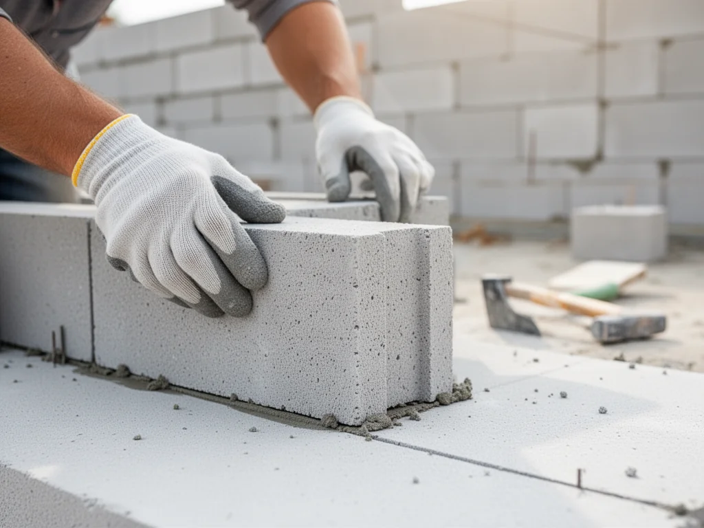 Ręce murarza układają bloczek betonu komórkowego na fundamencie, w tle wznoszona ściana z podobnych bloczków