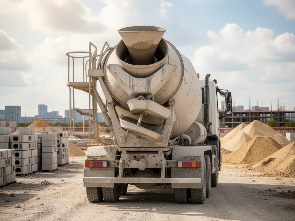 Betonomieszarka na placu budowy z bębnem do mieszania betonu, w tle bloki betonowe i hałdy piasku