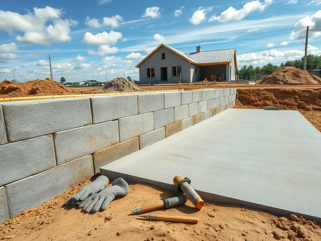 Porównanie fundamentu z bloczków betonowych i wylewanego, widoczne etapy budowy domu na placu budowy.