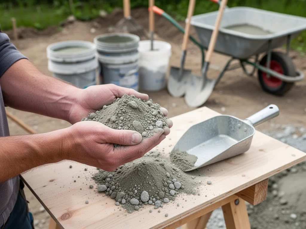 Dłonie budowlańca prezentują próbkę suchego betonu na desce, obok miarka – przykład prawidłowych proporcji mieszanki.