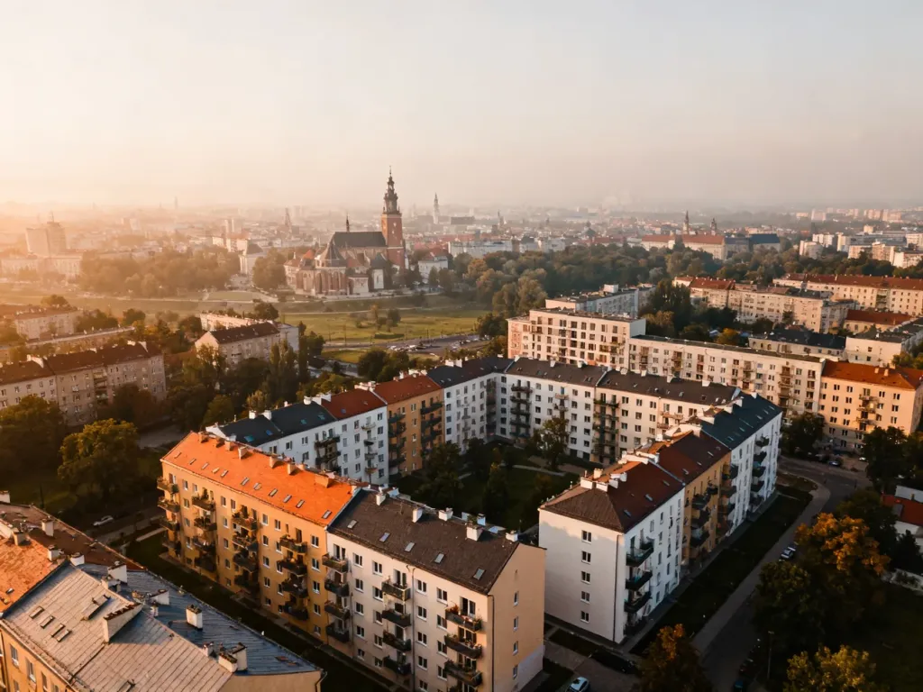 Panorama Krakowa o zachodzie słońca z nowymi blokami mieszkalnymi na pierwszym planie, pokazująca rozwój rynku mieszkaniowego, no text on the picture